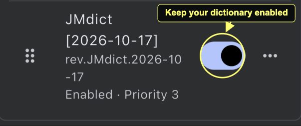 Imported JMdict dictionary enabled, with its switch circled