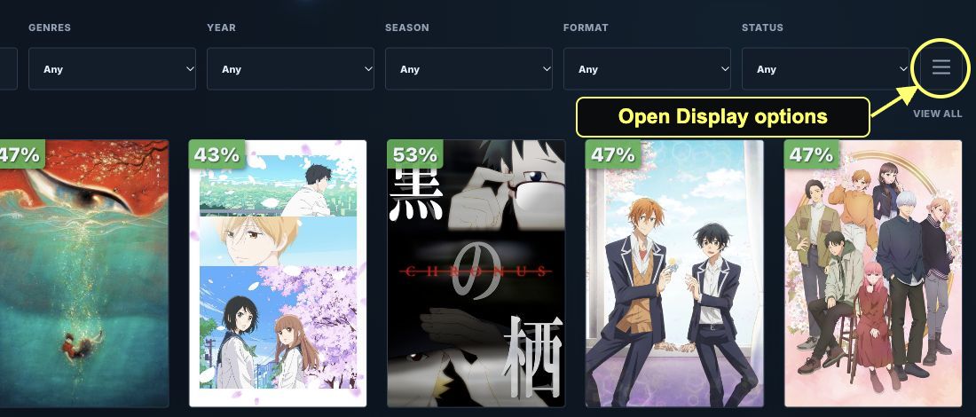 Browse filters with the Display options button circled before its panel is open