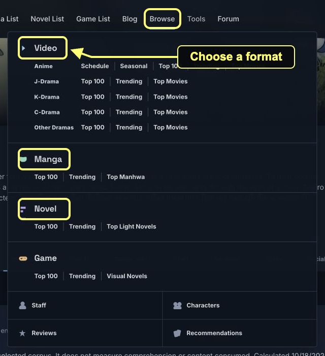 Browse menu with the Browse button and Video, Manga, and Novel entry points outlined