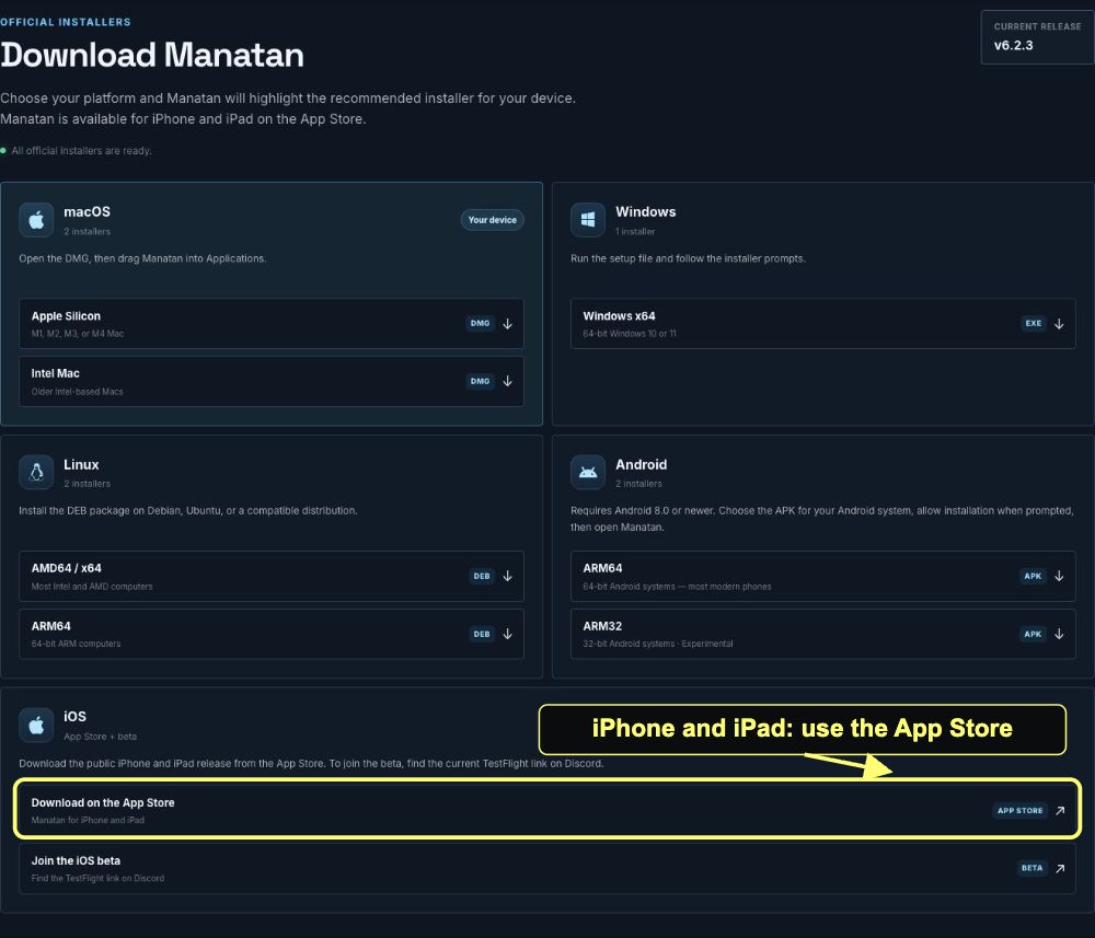 Official Manatan download page with the public iPhone and iPad App Store link highlighted