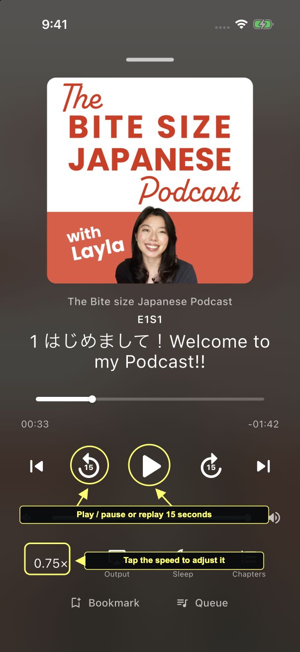 Real podcast player with play, fifteen-second replay, and playback speed controls marked