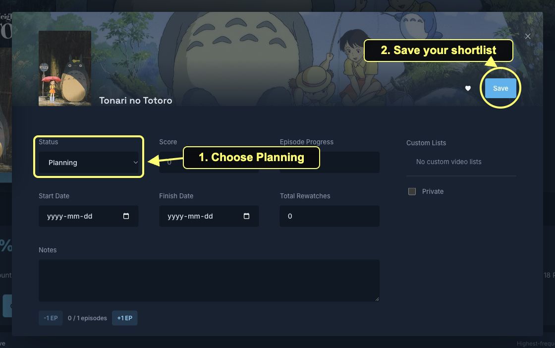 List editor with Planning and the save action highlighted