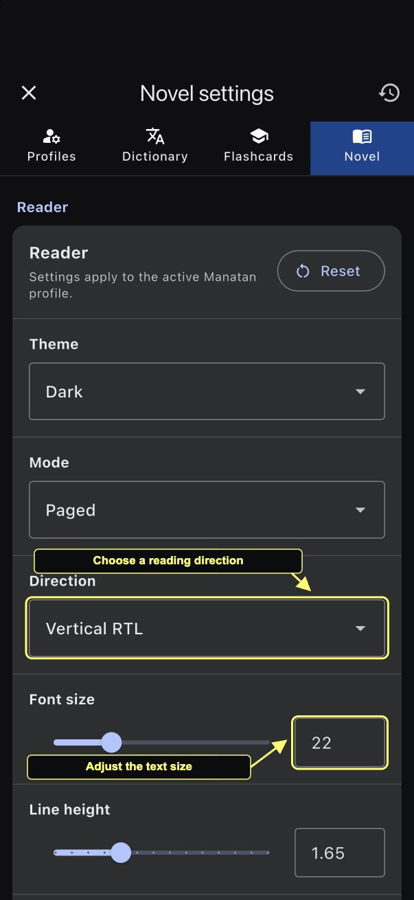 Novel settings showing Vertical RTL and font size controls