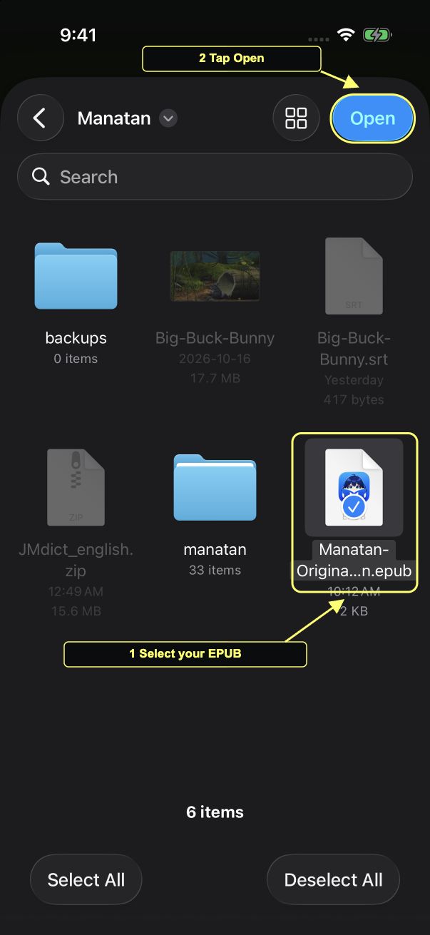 Files picker with the EPUB selected and Open button circled