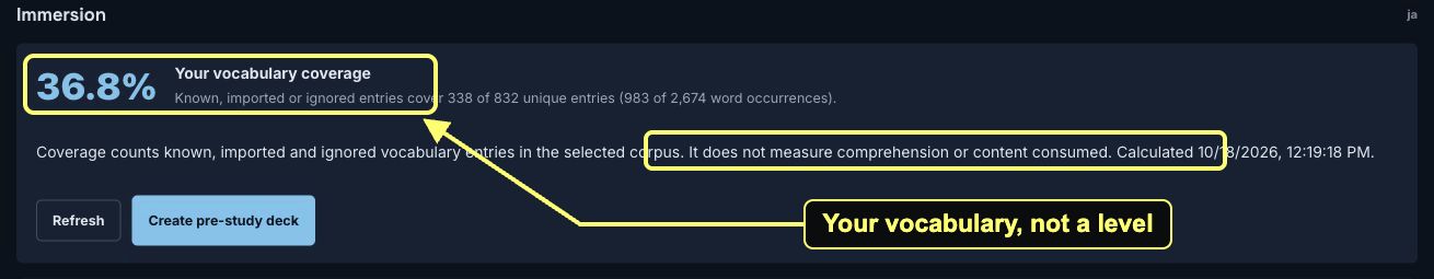 Immersion details with vocabulary coverage and the explanatory coverage text highlighted