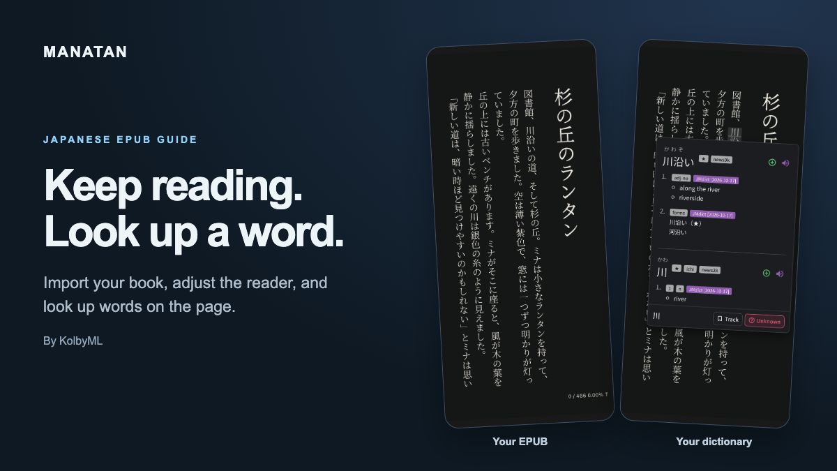 Japanese EPUB reading and a real JMdict popup lookup in Manatan, with the title Keep reading. Look up a word.