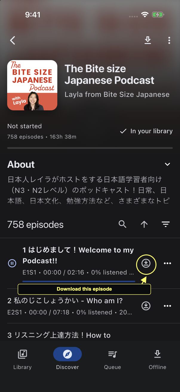 Episode row with its individual download arrow circled
