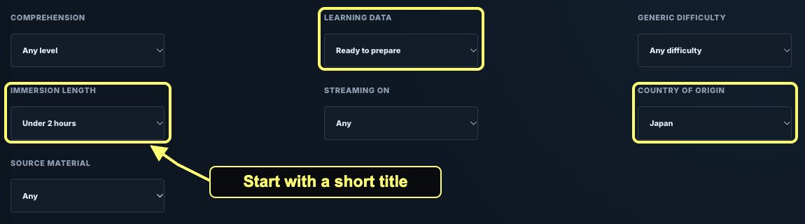 Expanded filters with Learning data, Immersion length, and Country of origin highlighted