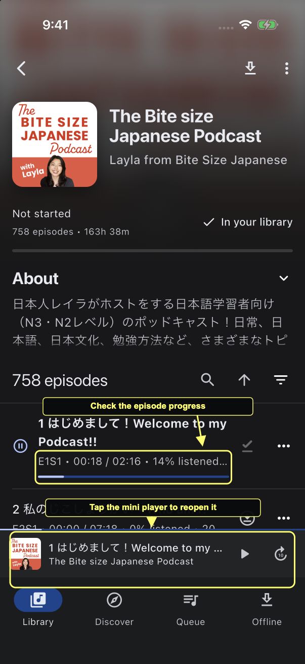 Episode listening time and percentage, with the mini player outlined