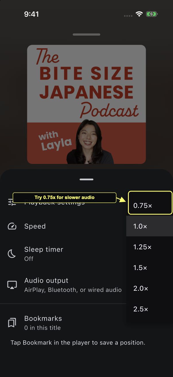 Playback settings Speed menu with 0.75x highlighted