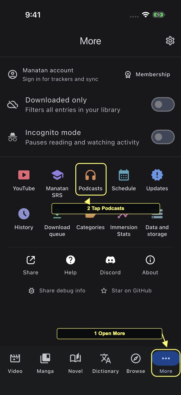 More screen with the More tab and Podcasts shortcut highlighted