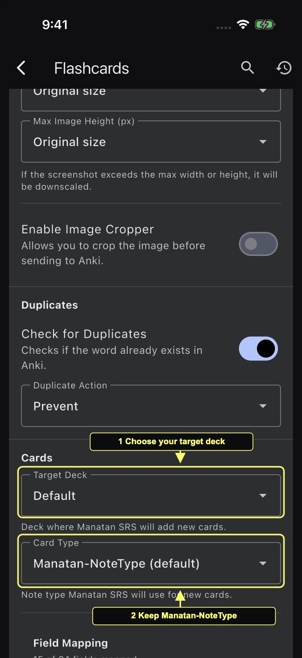 Cards settings showing the Default target deck and Manatan-NoteType as the card type.