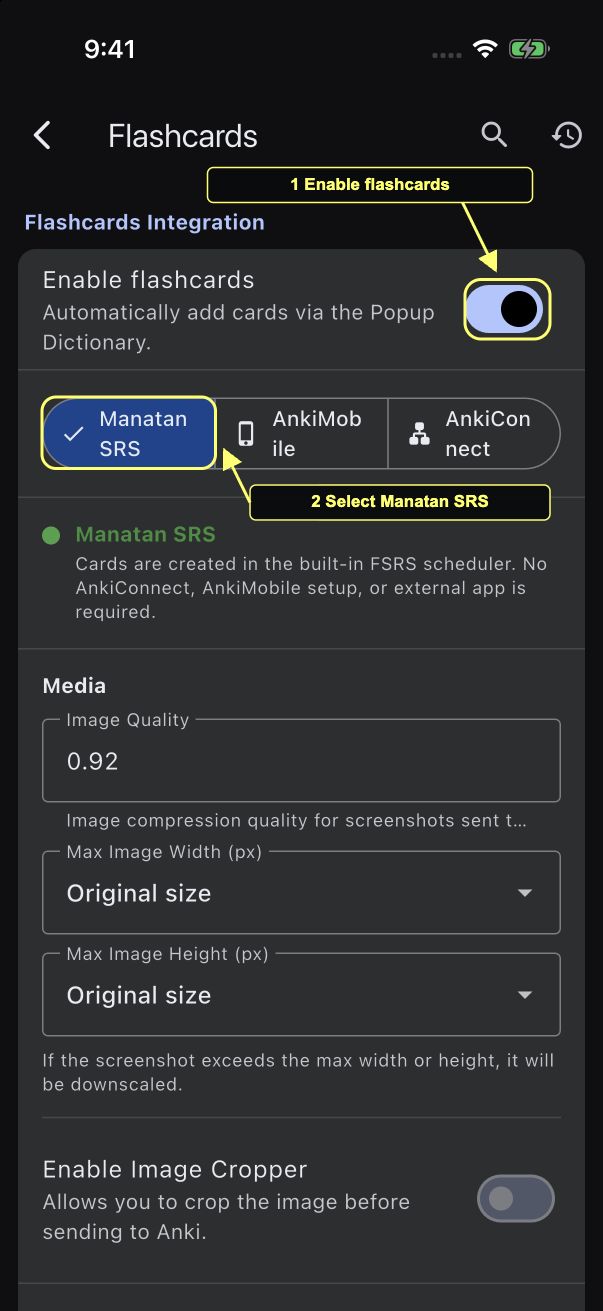 Flashcards settings with Enable flashcards switched on and Manatan SRS selected.