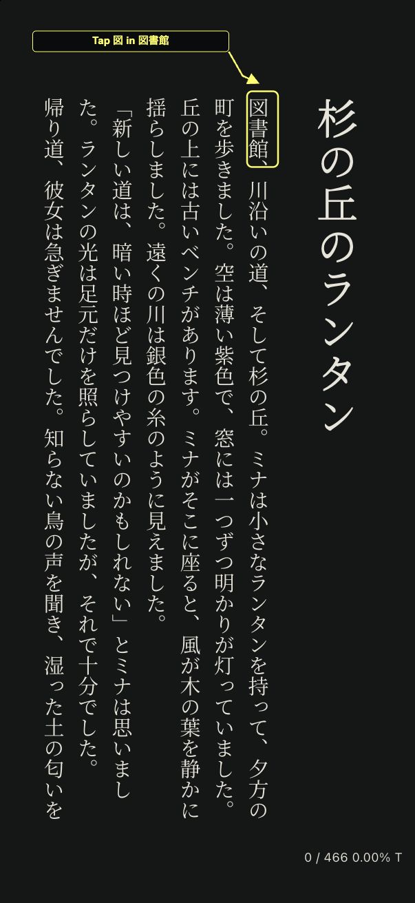 Japanese EPUB before lookup, with 図 in 図書館 outlined and an arrow showing where to tap