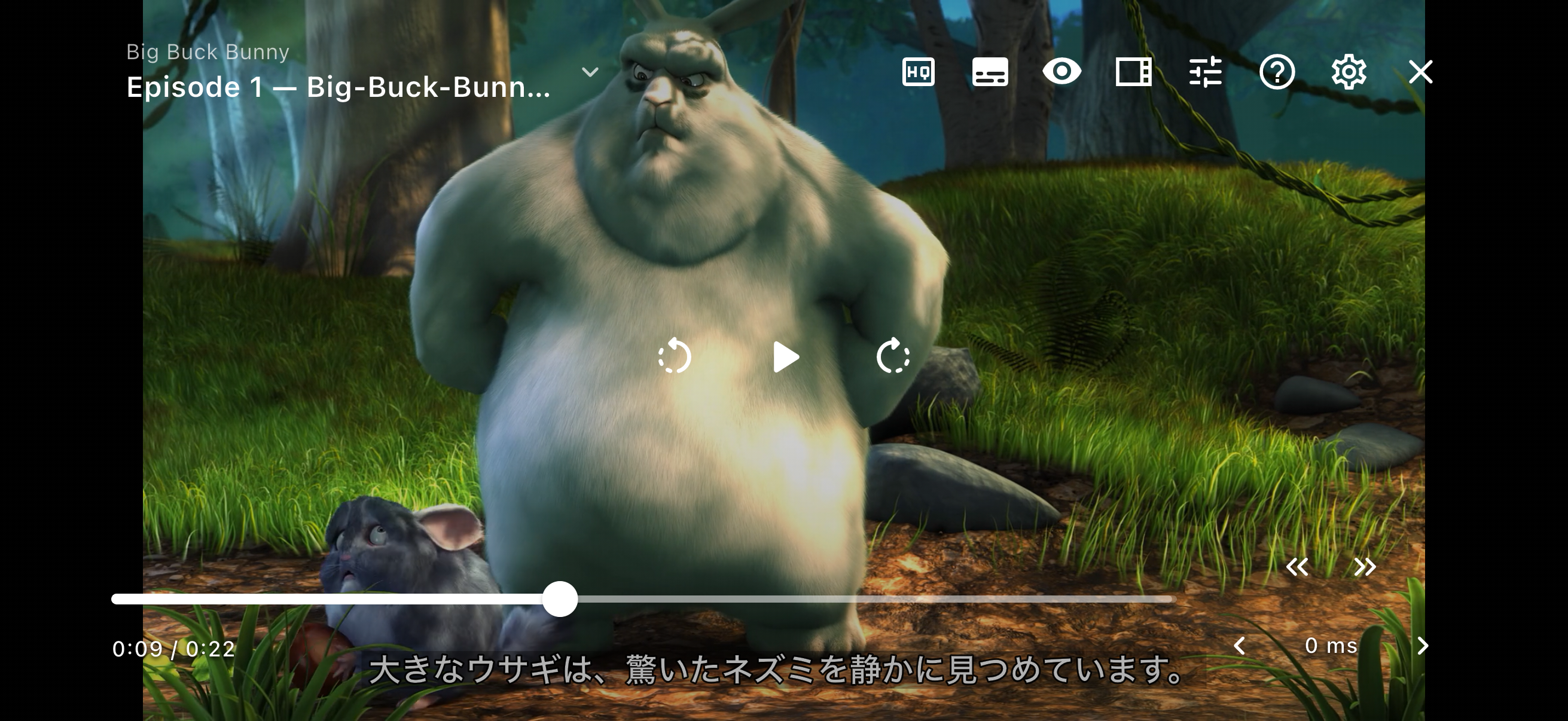 Manatan video player showing Big Buck Bunny with original Japanese descriptive captions. Film by Blender Foundation, CC BY 3.0; imported interface demonstration, not bundled anime.