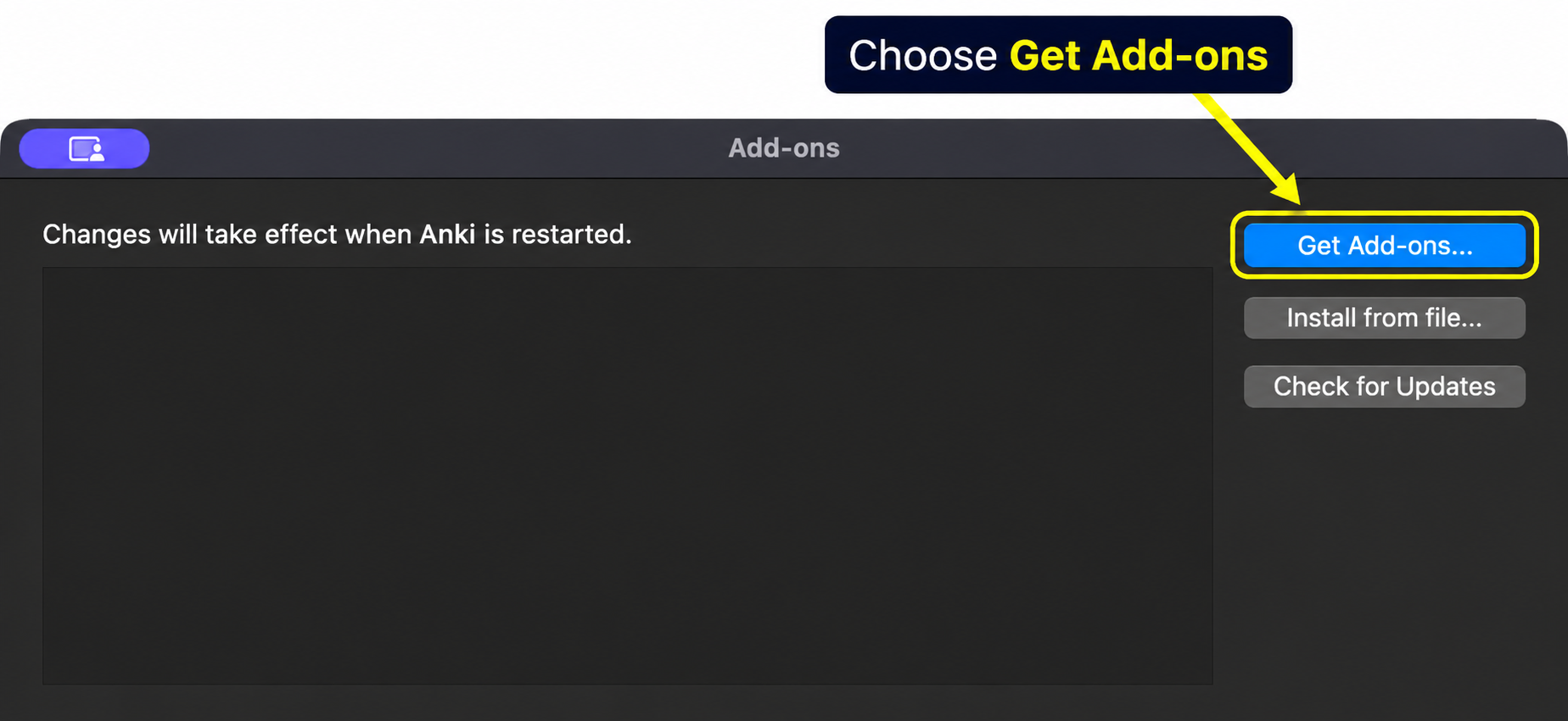 Anki's Add-ons dialog with an arrow pointing to Get Add-ons