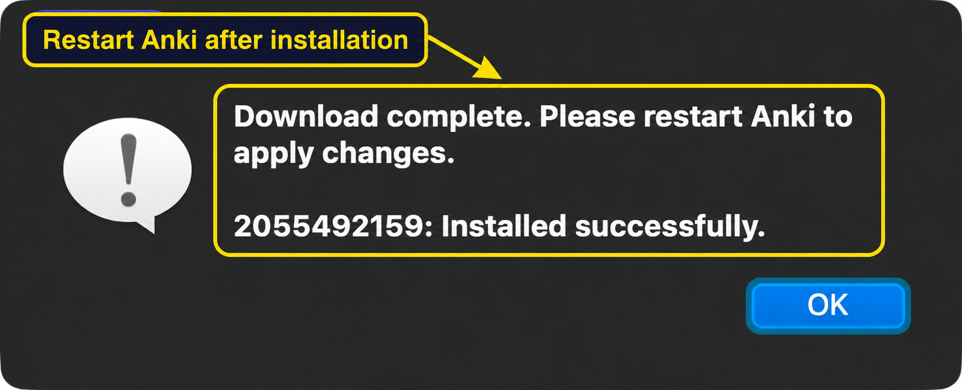 Anki confirming successful installation and instructing the user to restart
