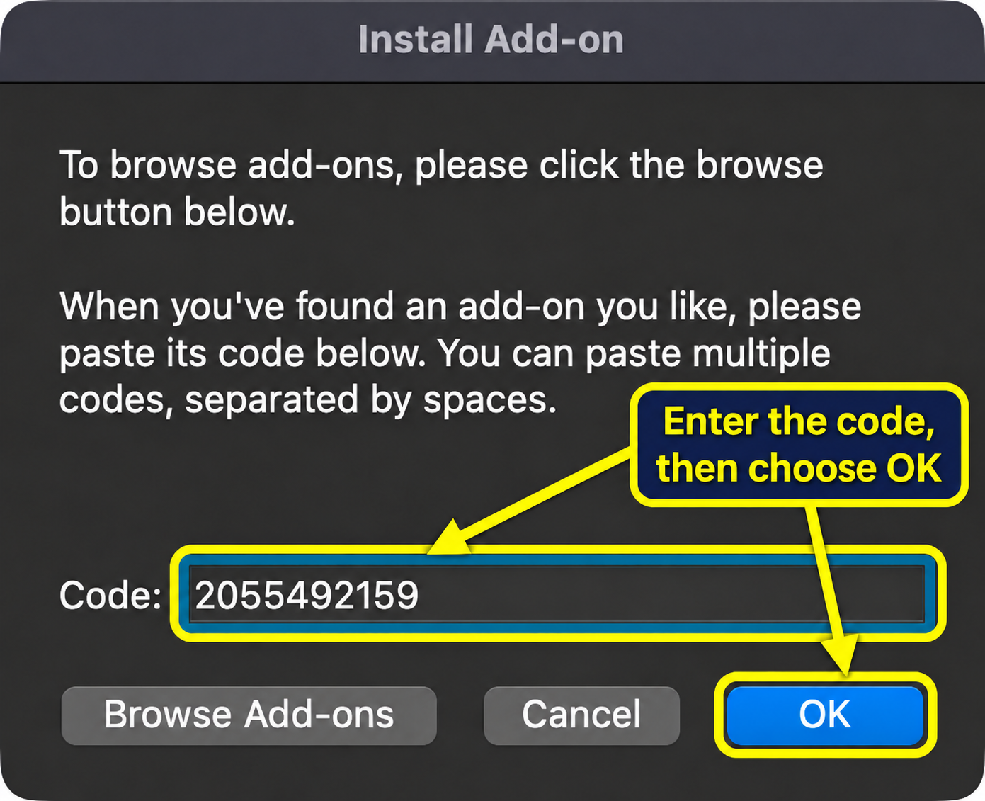 Anki's Install Add-on dialog with the AnkiConnect code and OK button outlined