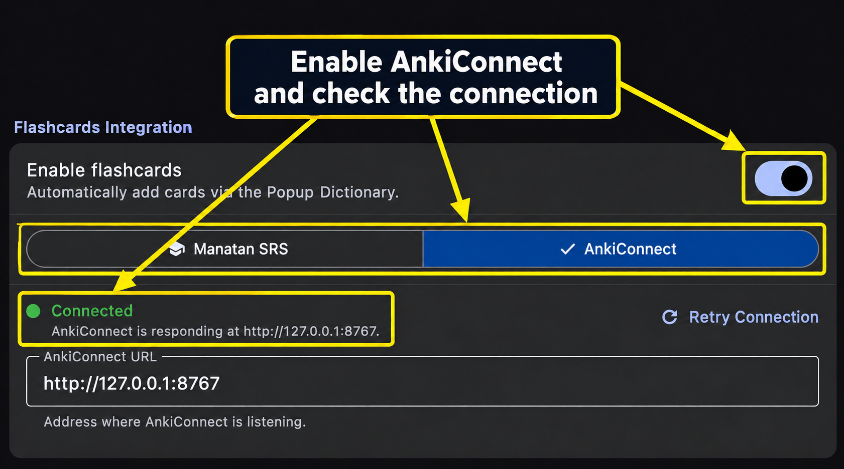 Manatan's Flutter settings showing AnkiConnect selected and Connected
