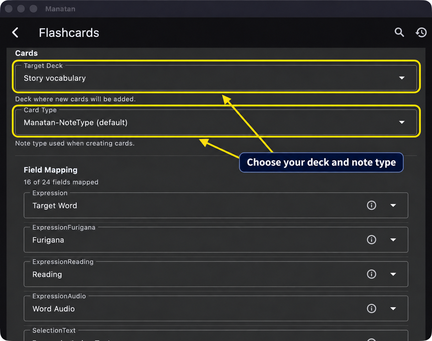 Story vocabulary selected as the target deck with official Manatan-NoteType in Flutter settings