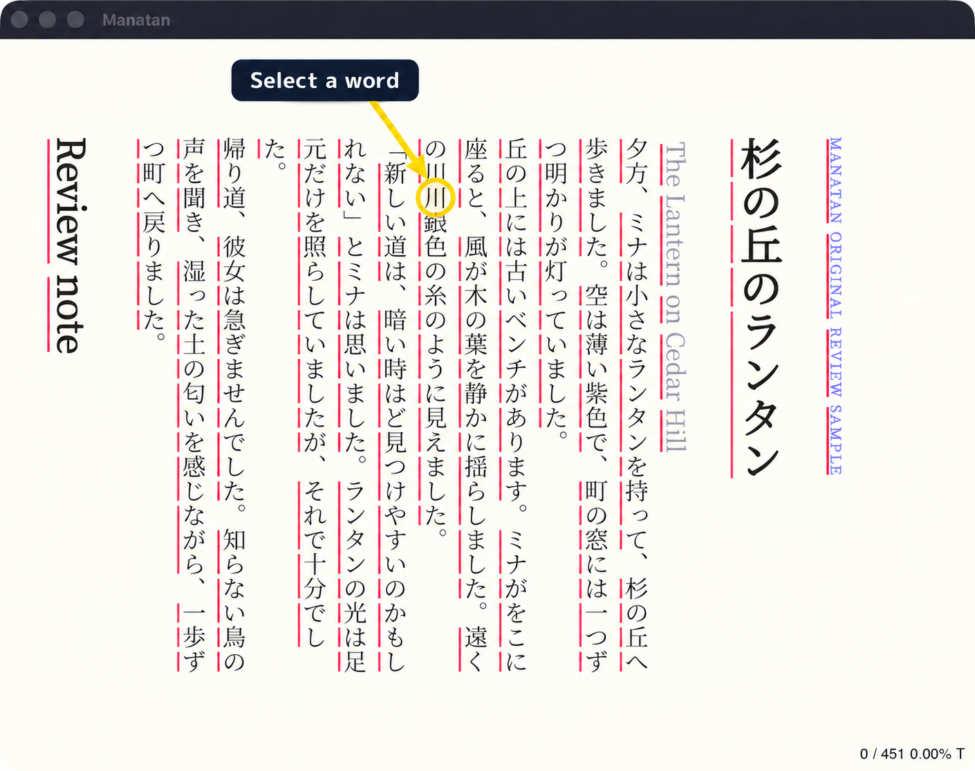 The kanji 川 circled in the Flutter app's story reader before the dictionary popup opens