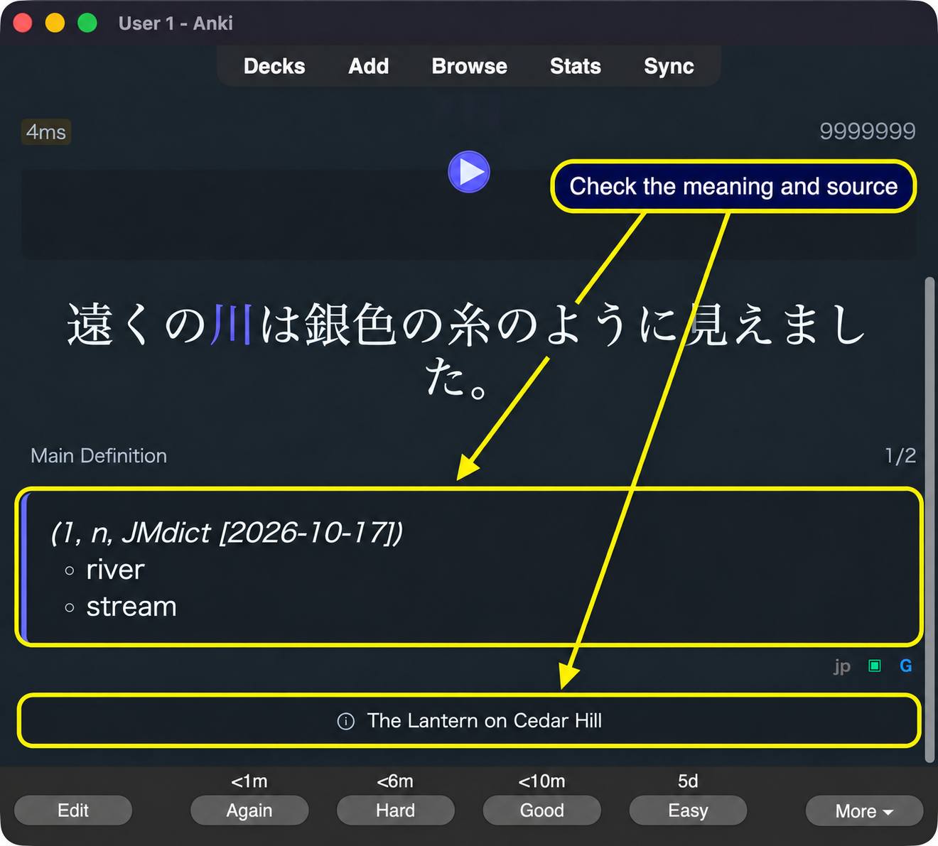 The card's JMdict meaning, river or stream, and source title highlighted in Anki