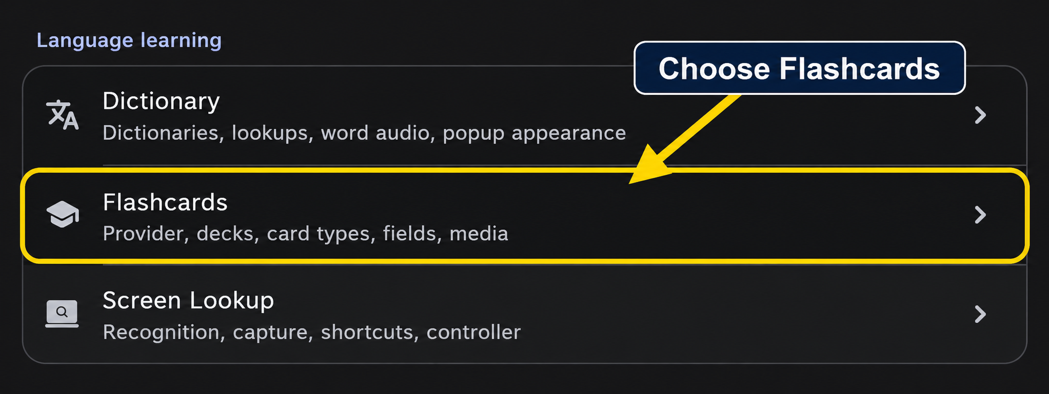 Manatan's Flutter settings with the Flashcards row outlined