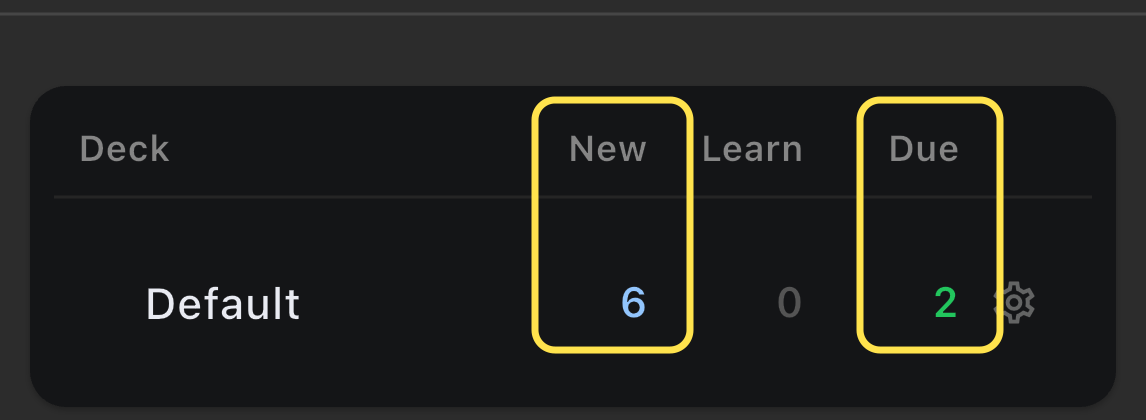 New and Due counts are outlined separately on the genuine Manatan SRS iPhone deck screen.