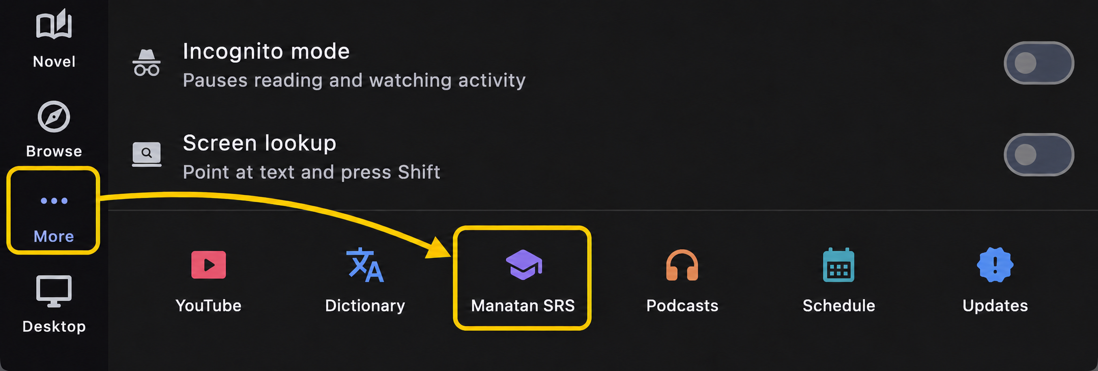 Yellow outlines identify More and the Manatan SRS tile in the Flutter app.