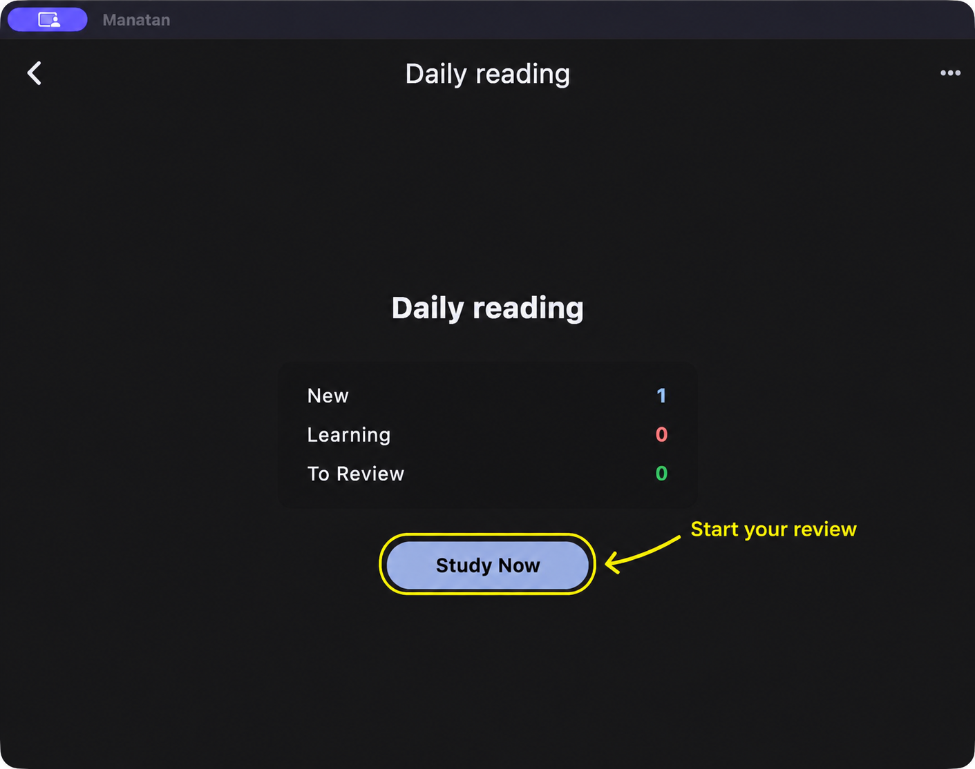 The Daily reading deck shows one new card and the highlighted Study Now button.