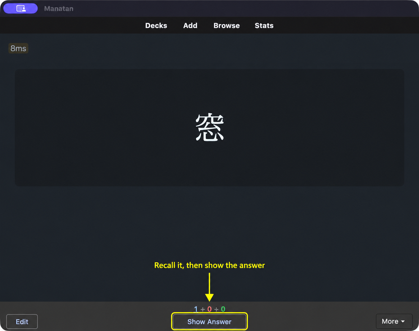 The official Manatan-NoteType question for 窓, with Show Answer highlighted.