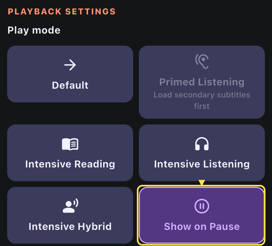 Show on Pause is selected and outlined in Manatan’s real iPhone Video options sheet.
