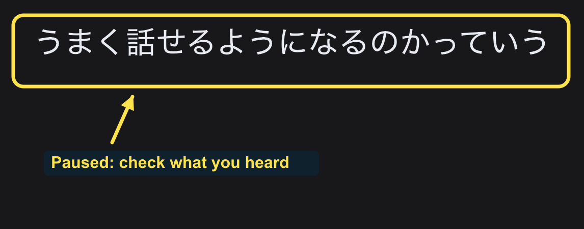 The current Japanese subtitle is visible while paused, with an outline around the line to check against the audio.