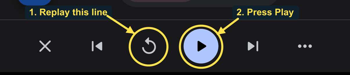 The replay arrow and Play button are circled separately, with arrows showing the two controls used to hear the line again.