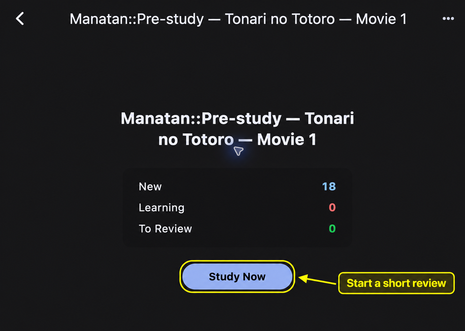 The generated pre-study deck visible in Manatan SRS after syncing