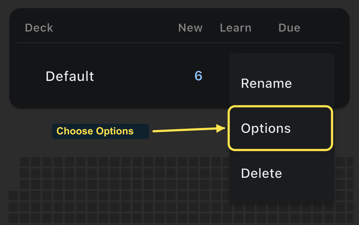The Options entry is outlined in the menu opened from the deck’s own gear.