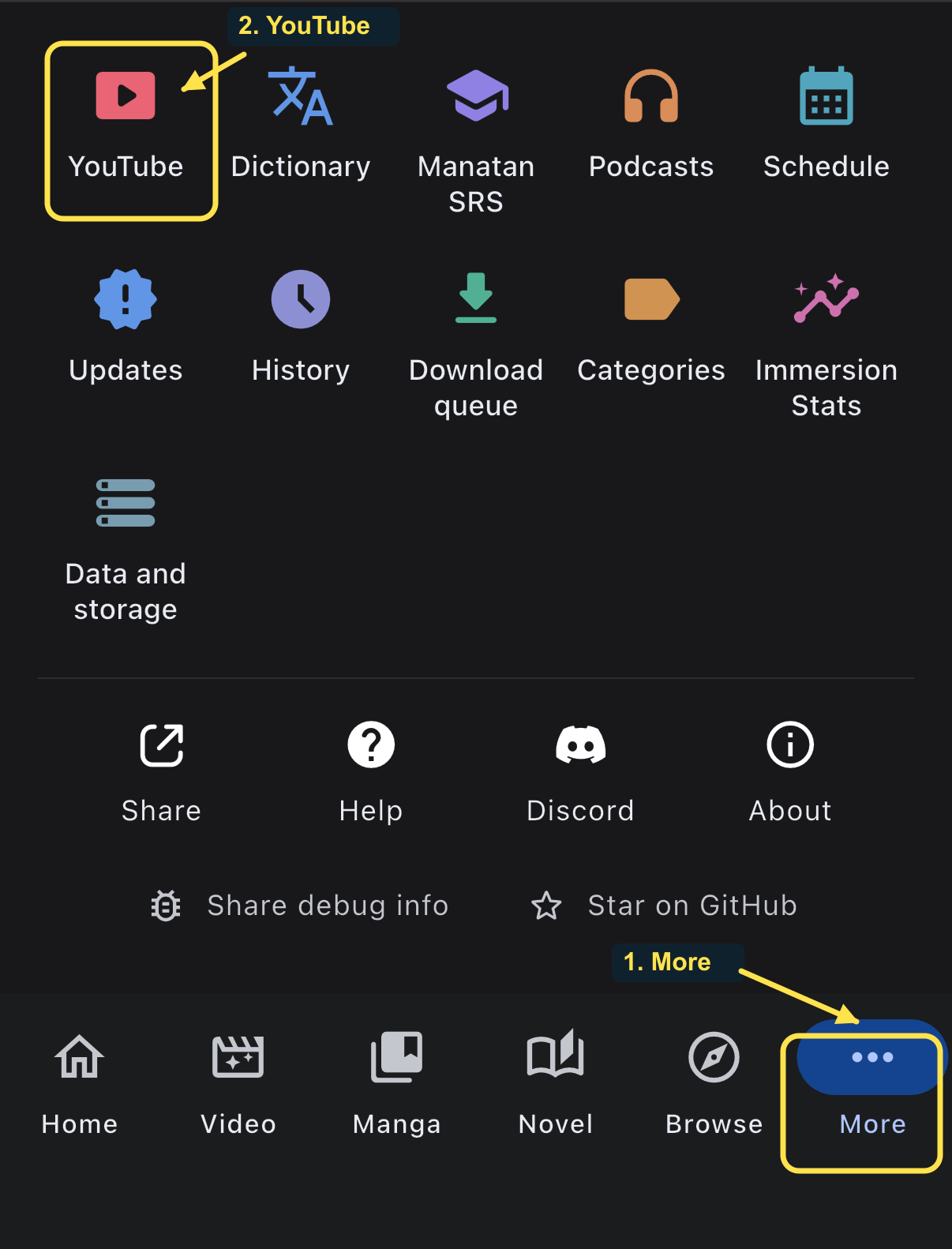 The More tab and YouTube entry are outlined in the Manatan iPhone app.