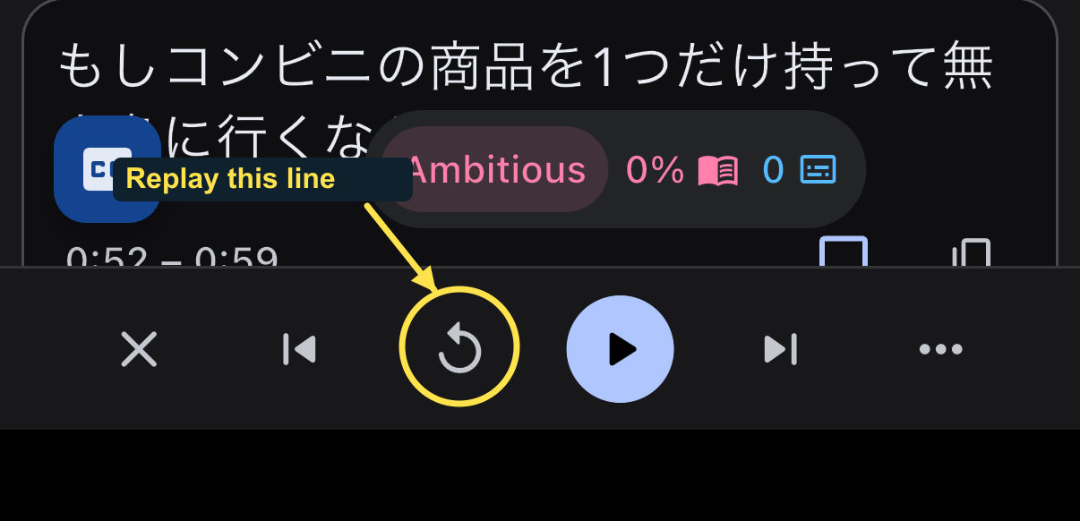 The Replay current subtitle control is circled in the regular-video playback bar.
