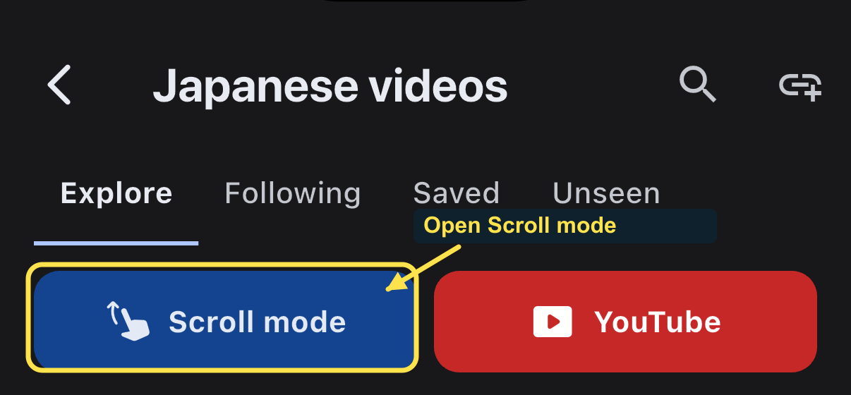 Scroll mode is outlined in the YouTube catalog before opening the Shorts feed.