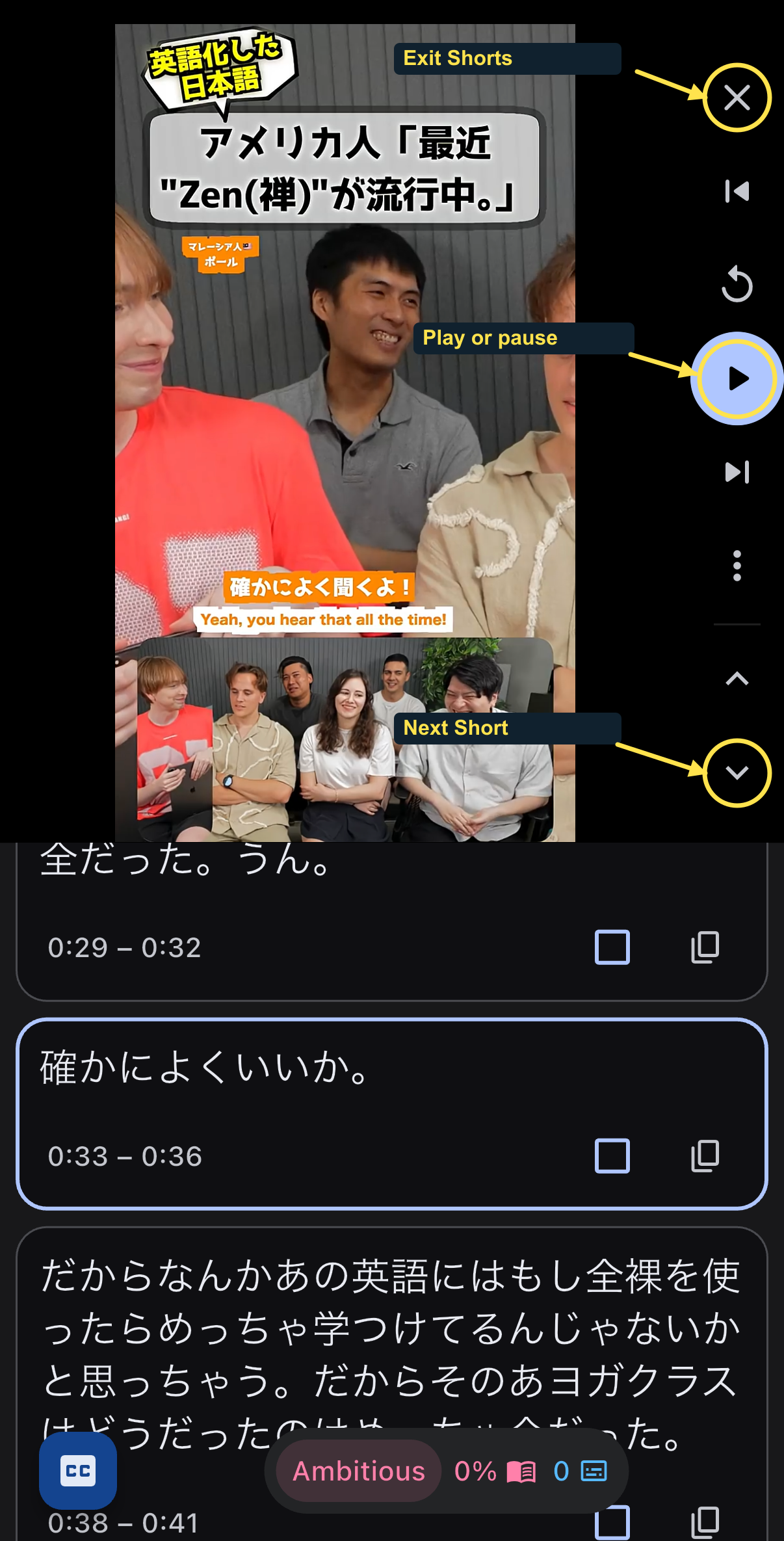 Arrows identify Exit Shorts, Play or pause, and Next Short in the iPhone player's side rail.