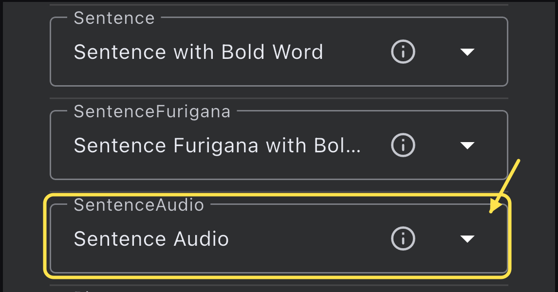 The SentenceAudio field is outlined with Sentence Audio selected in native iPhone Flashcards settings.