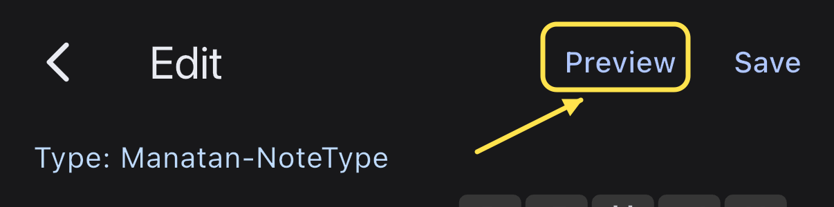 The Preview button is outlined above Type: Manatan-NoteType in the native card editor.