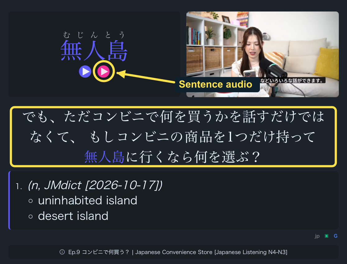 The actual Manatan-NoteType card contains both selected lines, with the sentence-audio play button circled.